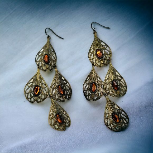Filigree Leaf Earrings Vintage Long Chandelier Brown Marquise Gem Dangle Drop - Picture 8 of 8